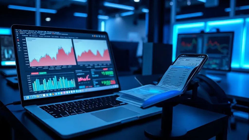 A high-tech workspace with a laptop showing financial graphs